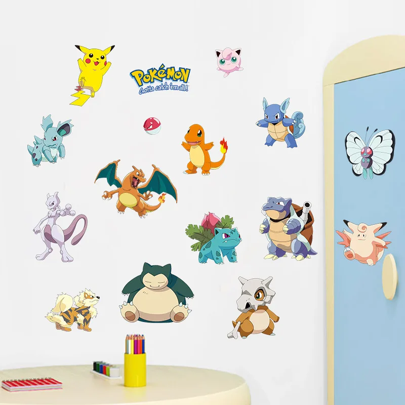 Pokemon pikachu adesivos de parede anime kawaii papel de parede sala quarto  dos desenhos animados pvc quebrado 3d graffiti decoração presente novo -  AliExpress