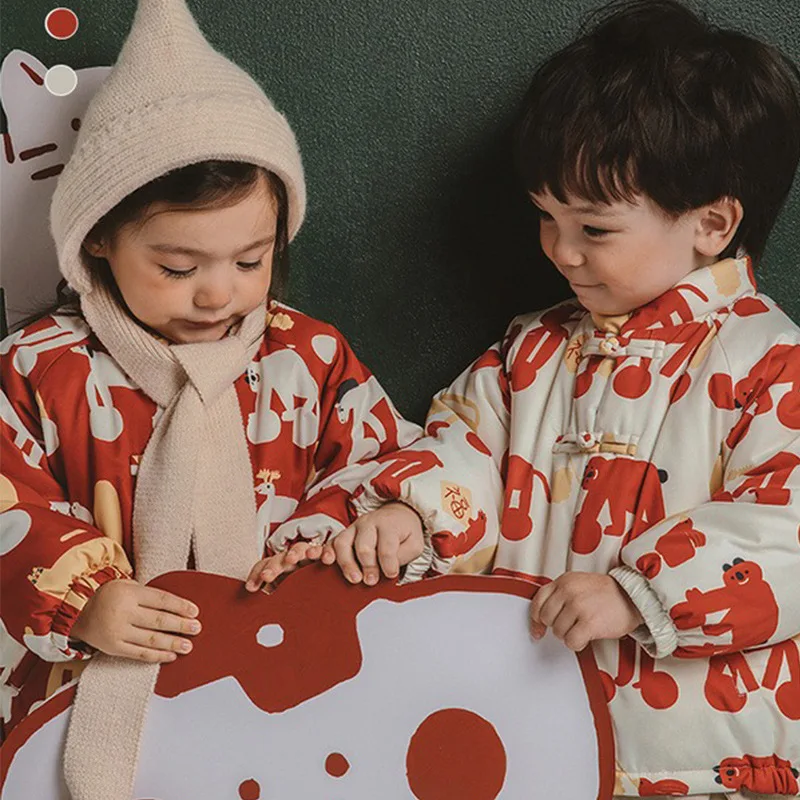 Boys Girls Winter Cotton Padded Jacket New Year's Velvet Clothes Baby Fleece Lined Coat Kids Christmas Tops Outerwear 1-7T