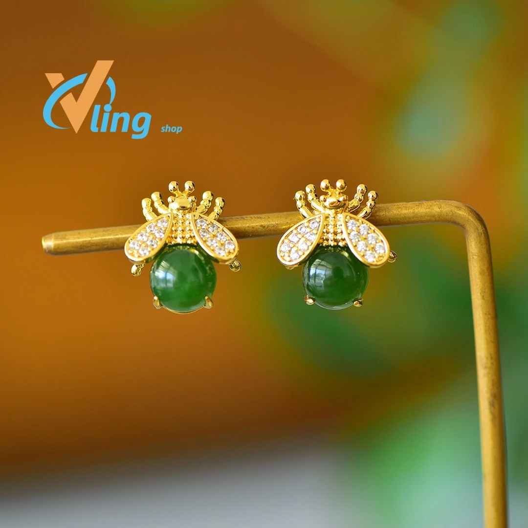 Copper inlaid Hotan Jade jasper courtesy of God little bee fashion earrings sweet girl Xia Xiaozhong earrings