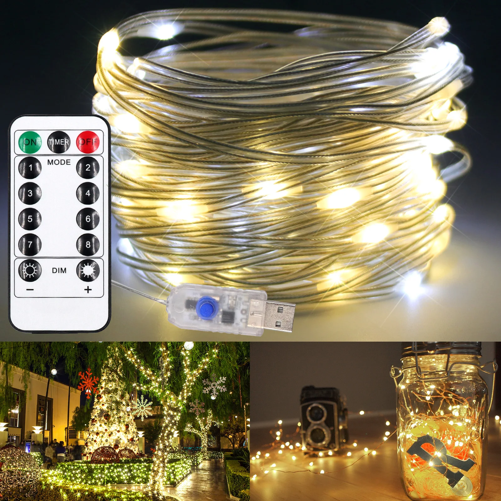 

10M 100LEDs LED Fairy String Light 5V USB 8 Lighting Mode Cool/ Warm White Christmas Tree Decoration Light with Remote Control
