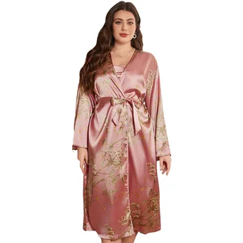 حجم كبير 3XL 4XL 5XL المرأة نايتي و رداء مجموعة مثير ثوب النوم طباعة طويلة البشكير الحمالة فستان النوم فضفاض الحرير الجليد ملابس المنزل 5