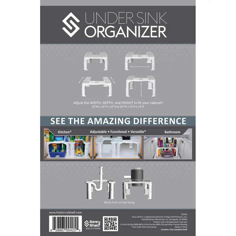 Adjustable Under Sink Organizer Shelf Non-Slip Surface Bathroom Kitchen Cleaning Supplies Organize Expandable Versatile Savvy