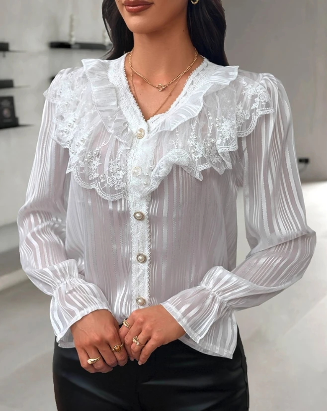 Fashion Woman Blouse 2024 Spring Autumn Buttoned Lace Trim Bell Sleeve Casual Plain V-Neck Long Sleeve Daily Semi-Sheer Top