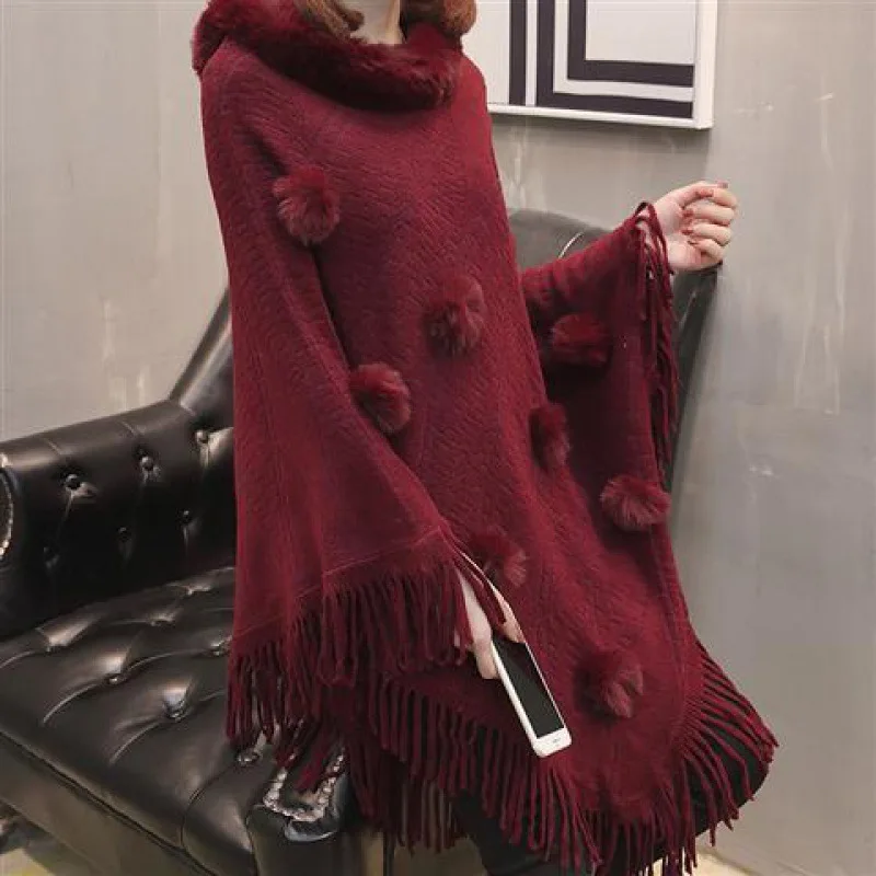 Autumn Winter Imitation Rabbit Fur Ball Women's Coat Imitation Wool Collar Pullover Shawl Warmth Poncho Capes Red Cloaks 2023 women s wool blend checkered tassel scarf winter outer square warm scarfs warm plaid shawl as christmas gift
