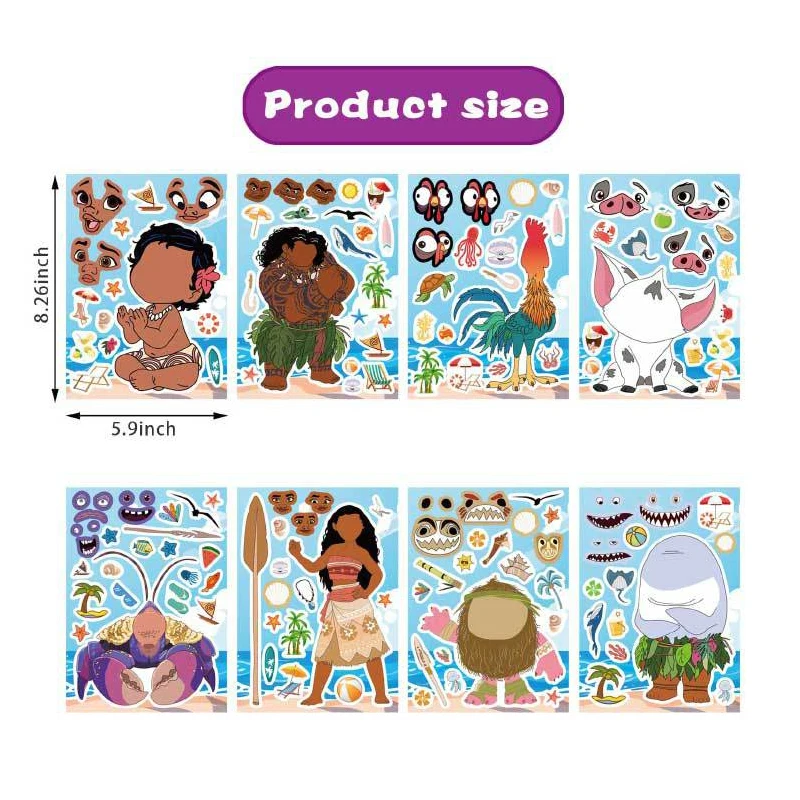 Disney Cartoon Moana DIY Make a Face Puzzle Stickers 8/16Sheets DIY Children Cartoon Funny Assemble Jigsaw Scrapbooking Decals puzzle stickers