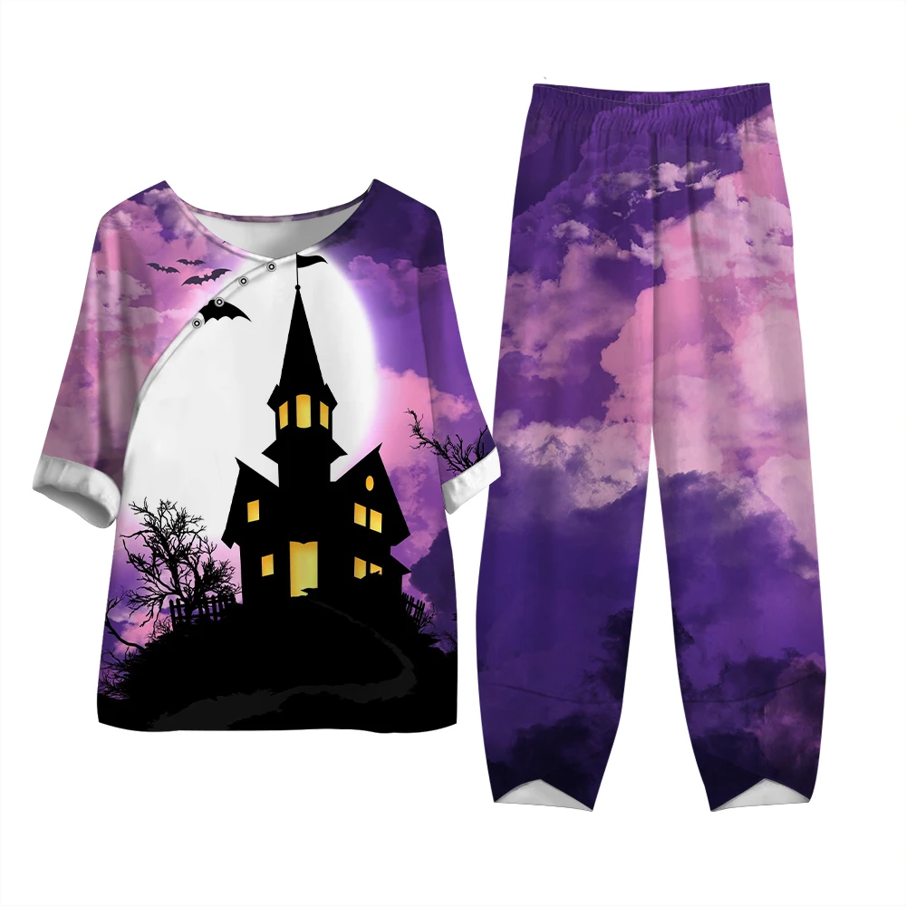 

Оригинальные винтажные брюки с принтом элементов на Хэллоуин из двух предметов, дышащая впитывающая Пот футболка на пуговицах для среднего возраста