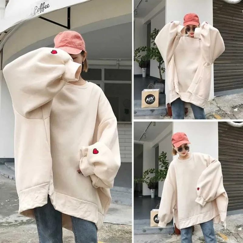 Women Oversized Sweatshirts 2023 Khaki Tops Fall Heart Print Pullover White Hoodie Long Sleeve Streetwear Drop Shipping 5XL4XL