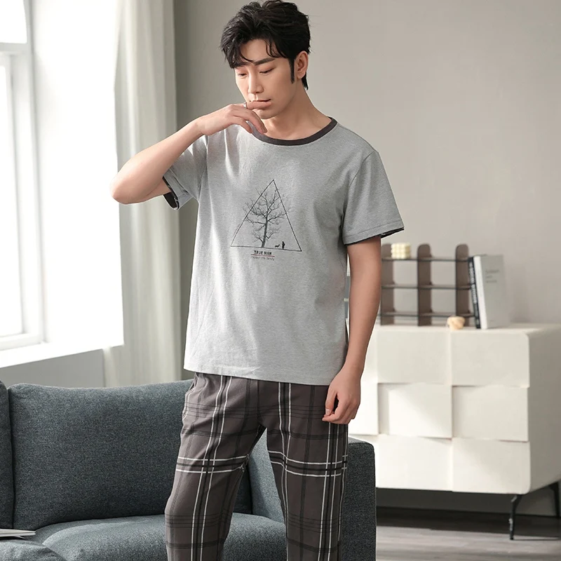 2022 Spring Plus Size Short Sleeve Long Pants Cotton Pajama Sets for Men Korean Sleepwear Suit Pyjama Male Homewear Home Clothes mens christmas pjs Pajama Sets