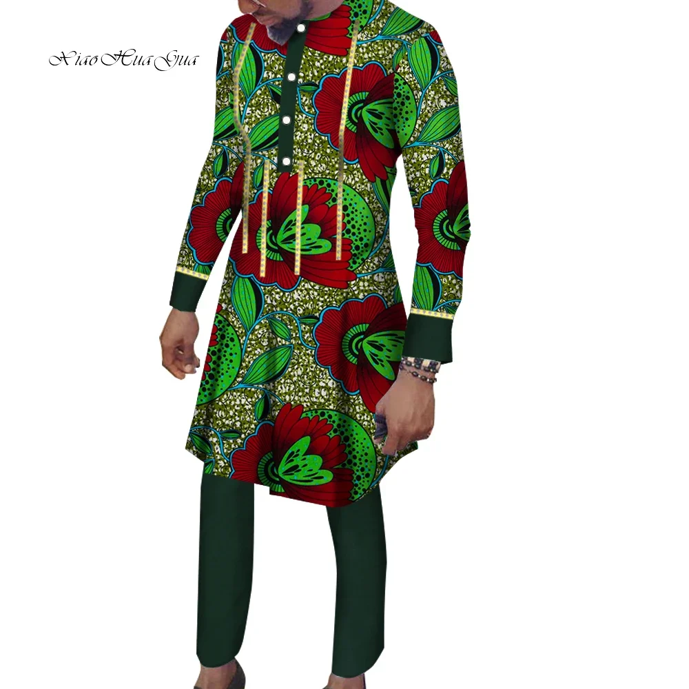 2 Pieces Set African Clothes for Men Long Sleeve Dashiki Shirt and Pants African Bazin Riche Print Long Tops Trousers WYN964 bazin riche african clothes for men embroidery printed blazer coats with trousers 2 piece set dashiki outfits a2216063