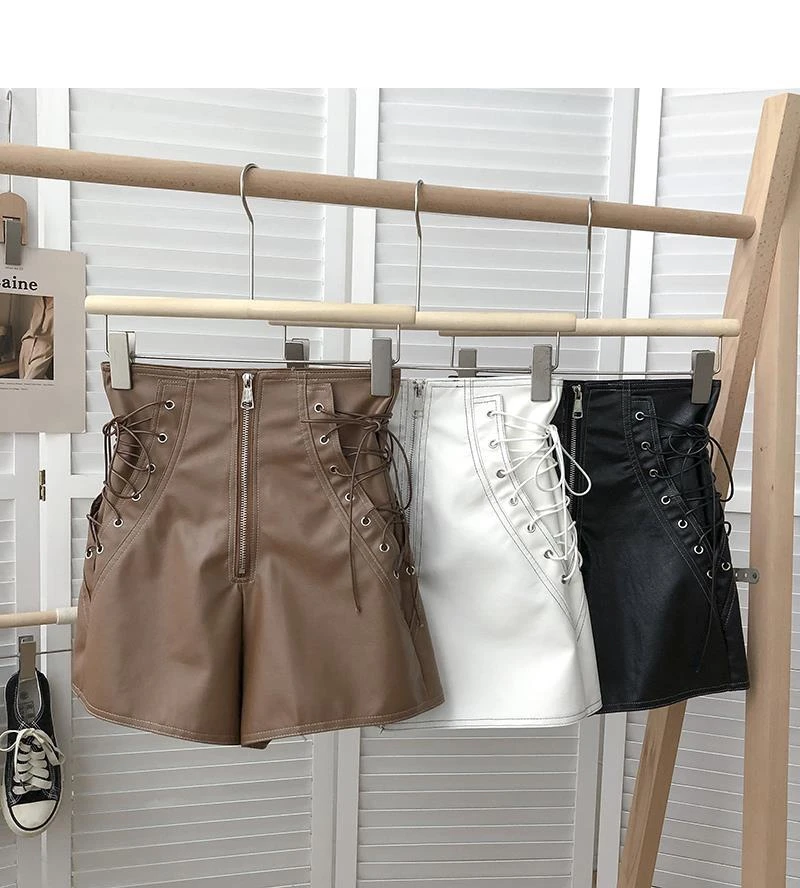 old navy shorts Women's New Korean Design Zipper Drawstring High Waist Pu Leather Shorts Black White Brown winter dresses for women