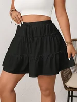 Plus Size 1XL-5XL Spring Women's Casual Elegant Solid Color A-Line Short Skirt Ladies Ruffled Hem Elastic Waistband A-Line Skirt