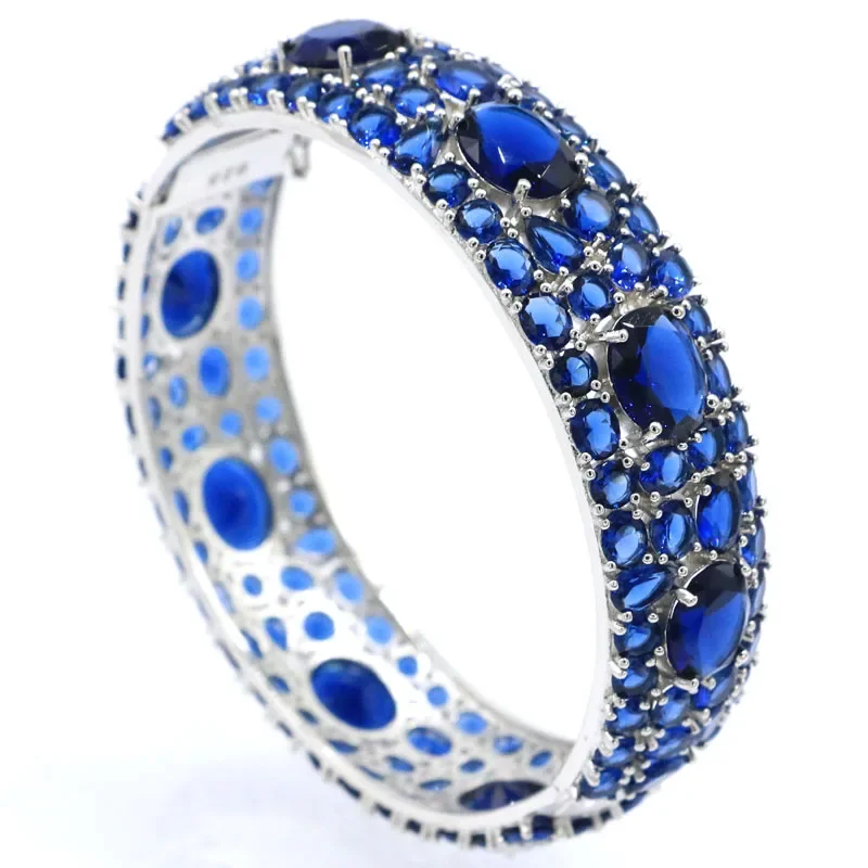 43g 925 SOLID STERLING SILVER Bangle Customized BRACELET Big Heavy Tanzanite London Blue Topaz Rhodolite Garnet  7.5inch