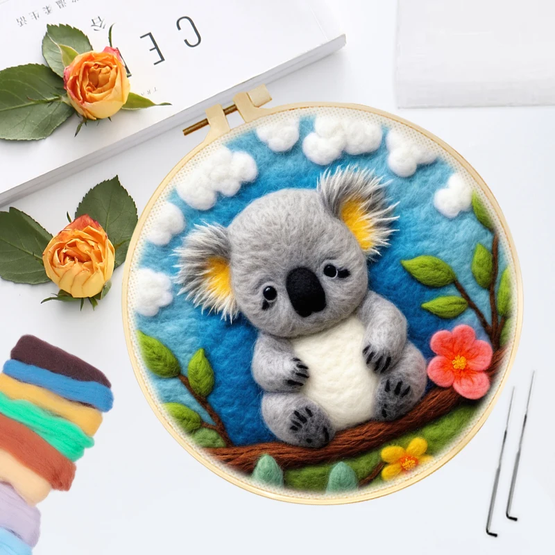 20x20cm Frame Wool Felting Painting Kit Koala hedgehog Kapibala Animal Diy Felt for Home Decoration