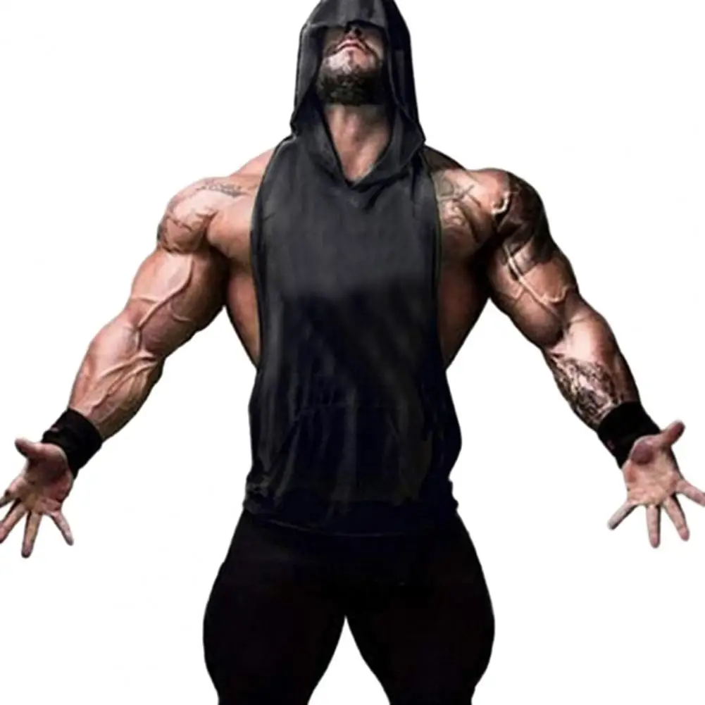 

Свободный Мужской спортивный жилет без рукавов с капюшоном и большой накладным карманом для тренировок и бега