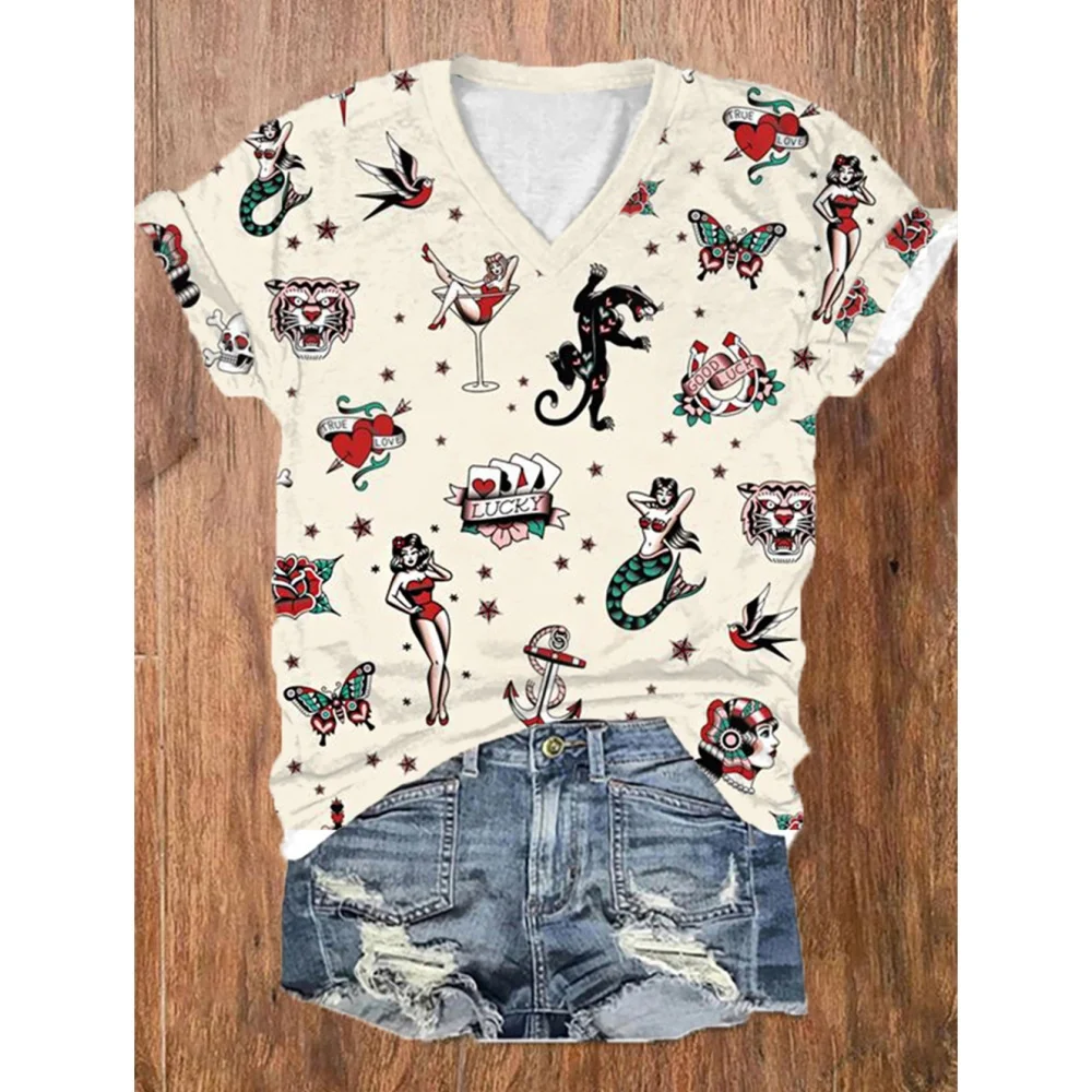 

Cotton Women's T-Shirts Fashion Characters Top Tee 3d Rose T-Shirt Harajuku Casual Short Sleep V-Neck Oversized Female Clothing