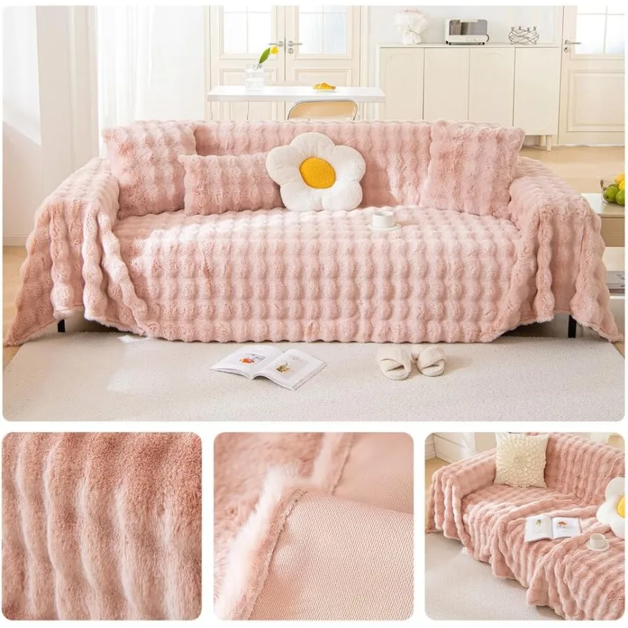 Fuzzy Faux Fur Couch Cover Durable Sofa Cover for Dogs Cats Thick Cozy Shaggy Sofa Slipcover for Sectional L Shaped Sofa Pets M