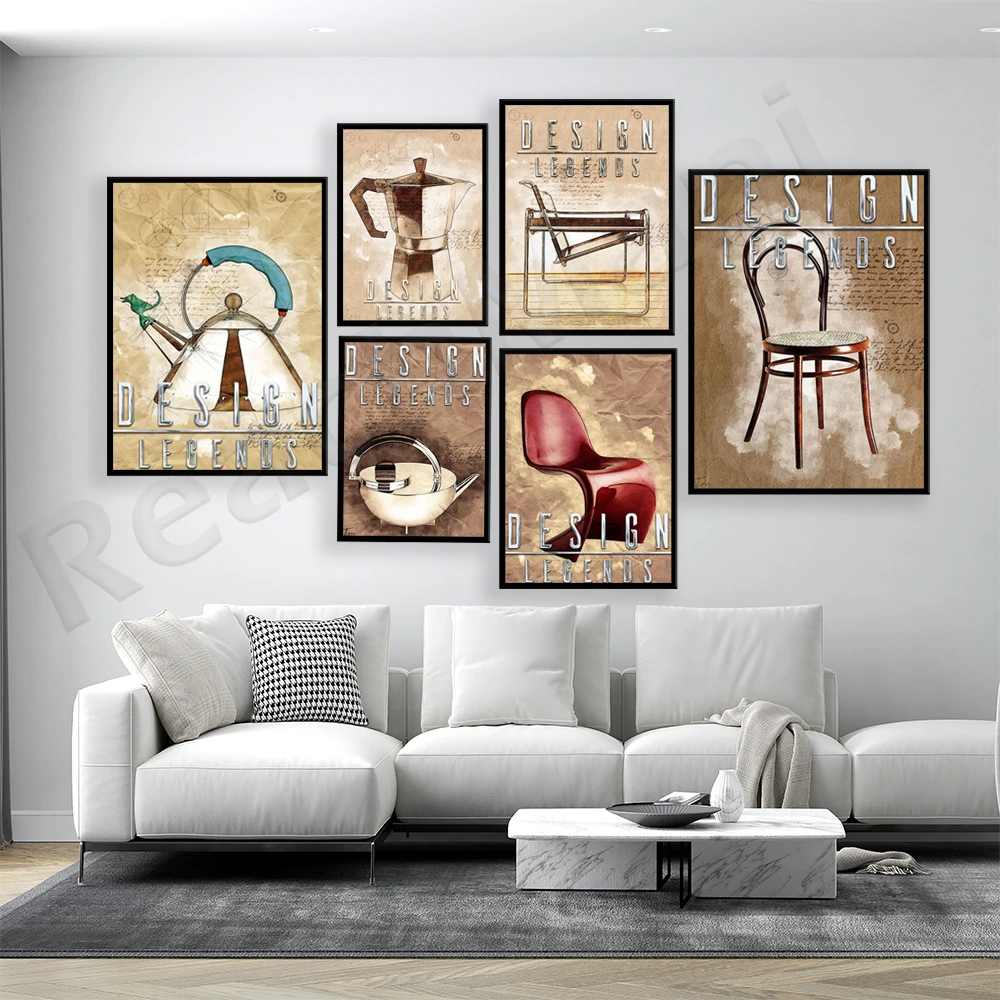 Muslimb, Thonet Vienna Chair, Wassily Design Print, Kitchen Coffee Pot Poster Decorativo Con Stampa Su Tela