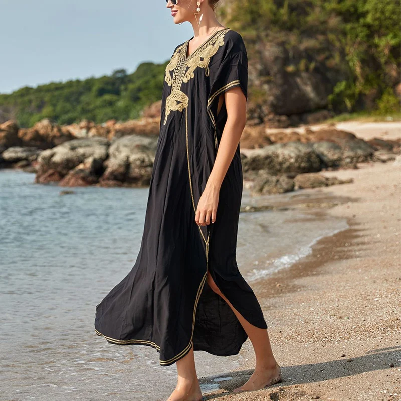 Summer Fashion Loose Casual Beach Holiday Dress Women's Short Sleeve Embroidery Sunscreen Cover-ups Female Clothes Ladies Robe