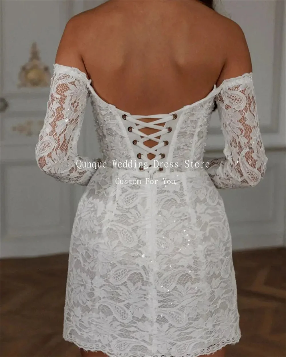 Qunque Wedding Dresses Shiny Lace Appliques Sweetheart Party Gown Long Sleeves Short Robe
