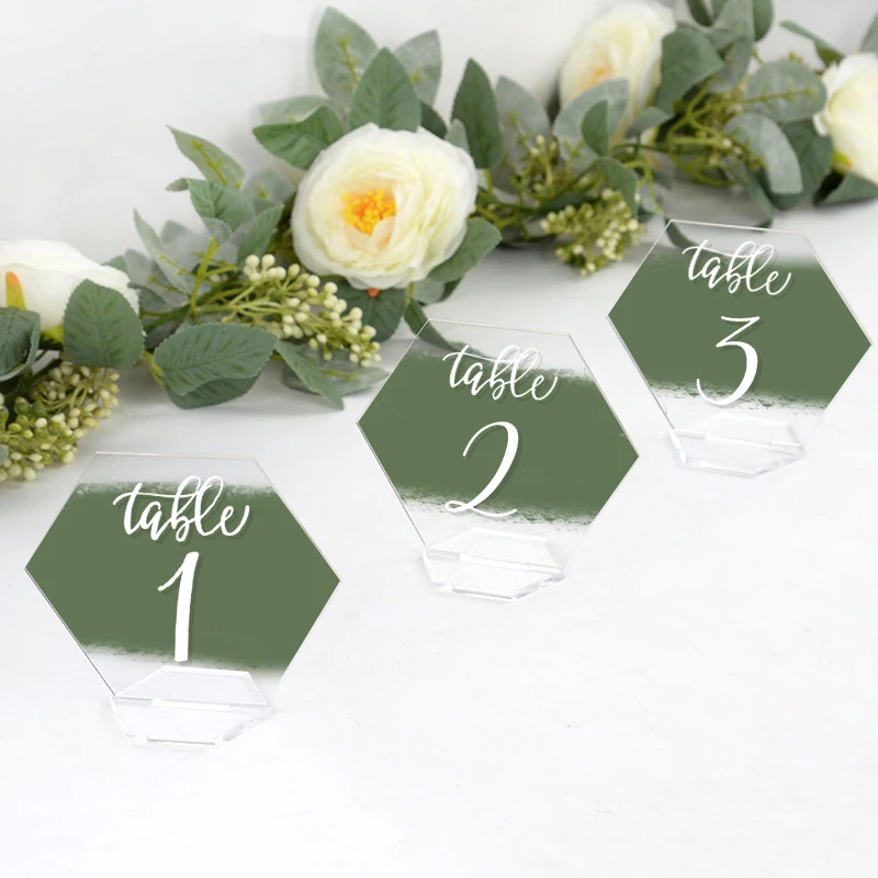 

10Pcs Acrylic Transparent Wedding Table Number Sign With Base DIY Hexagon Blank Guest Card Label For Wedding Party Decoration