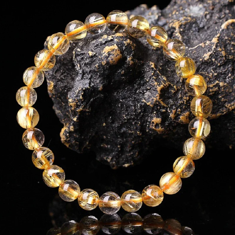 Natural GOLD Hair Rutilated Tourmaline Bead Bracelet 10mm Beads Crystal Bracelets Adornment Women Jewelry Bangles Decoration