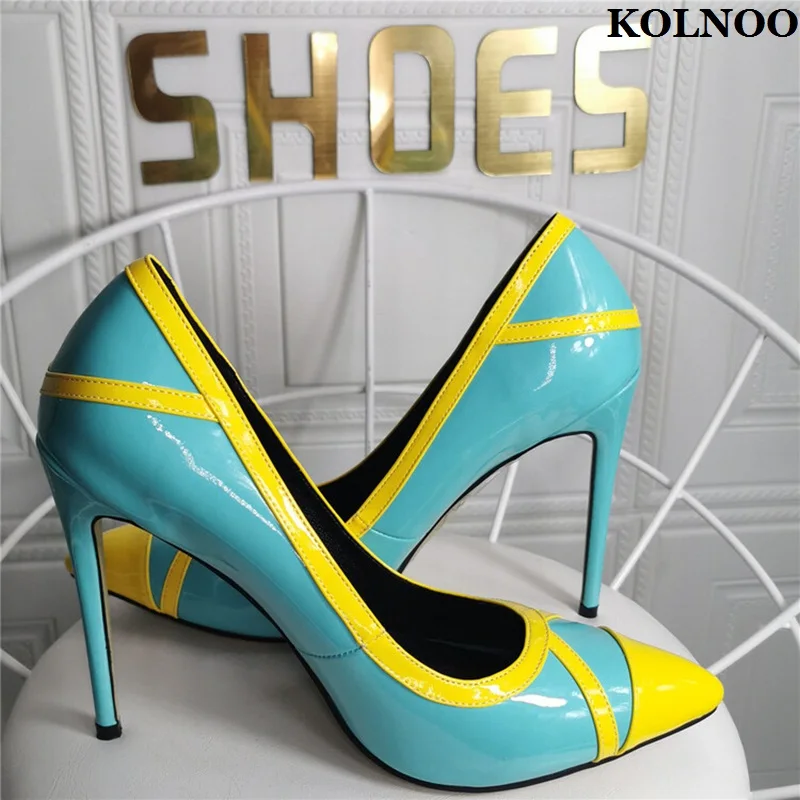 

Kolnoo Handmade Ladies Stiletto Heels Pumps Patchwork Leather Slip-on Summer Dress Shoes Pointed-toe Evening Fashion Prom Shoes