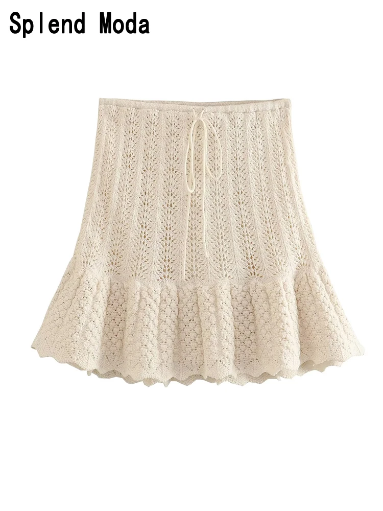 

2023 Women Summer Fashion Sweet Style Hollow Out Jacquard Solid Knitted Mini Skirt Sexy Mid Waist Chic Ruffles Short Skirts TRAF