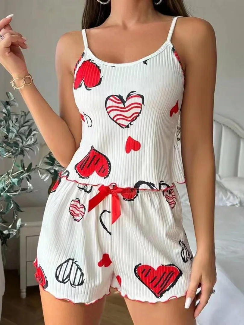Women's Heart Print Relaxed Fit Summer Sleepwear Set with Backless Cami Top and Shorts