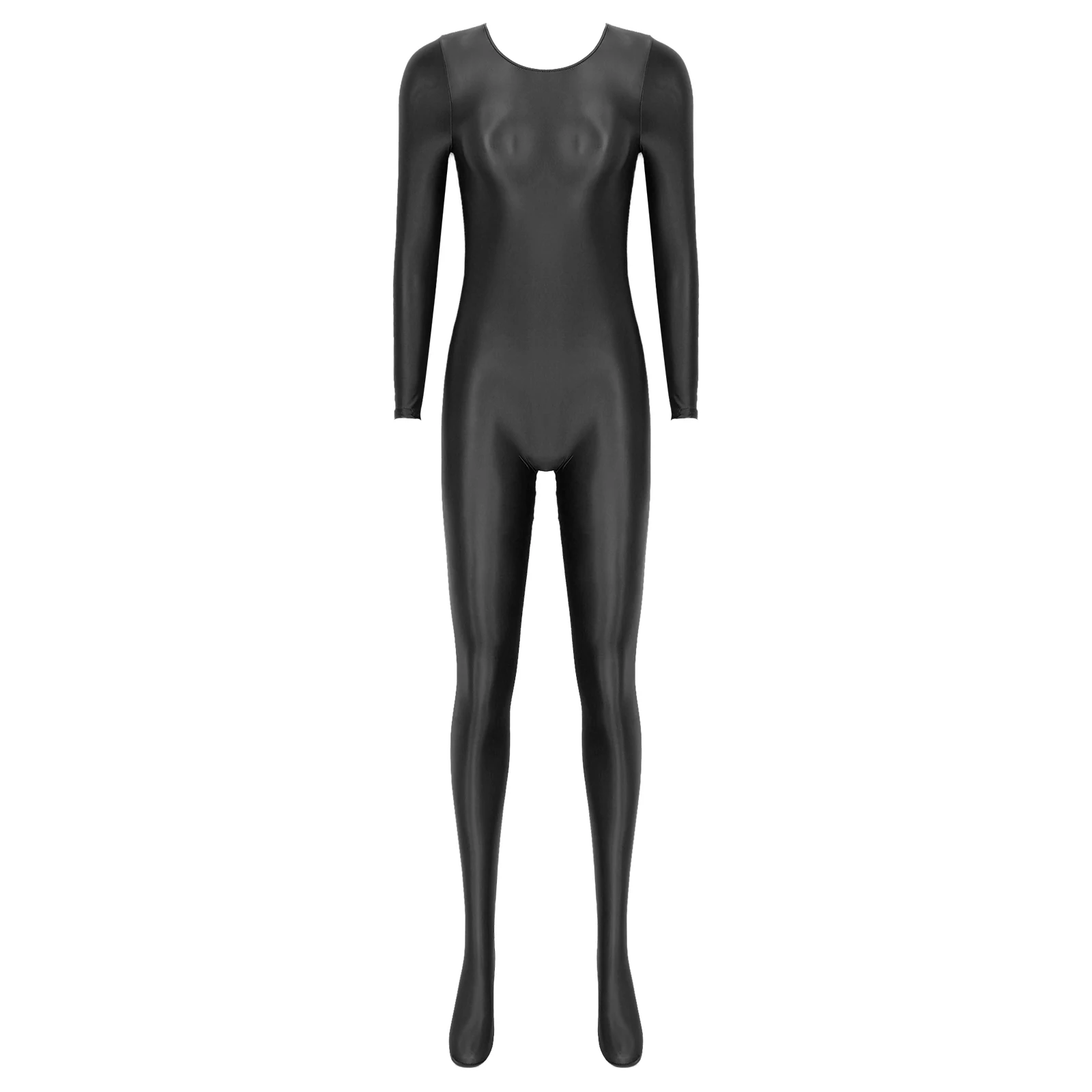 Womens Oil Glossy Bodysuit One Piece Swimwear Long Sleeve Teddies Stretchy Jumpsuit Bodystocking Rave Party Clubwear Swimwear
