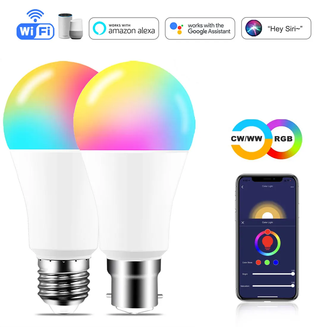 Dimmable E27 RGB LED Wifi Smart Bulb Light Bulbs For Amazon Alexa Google Home 