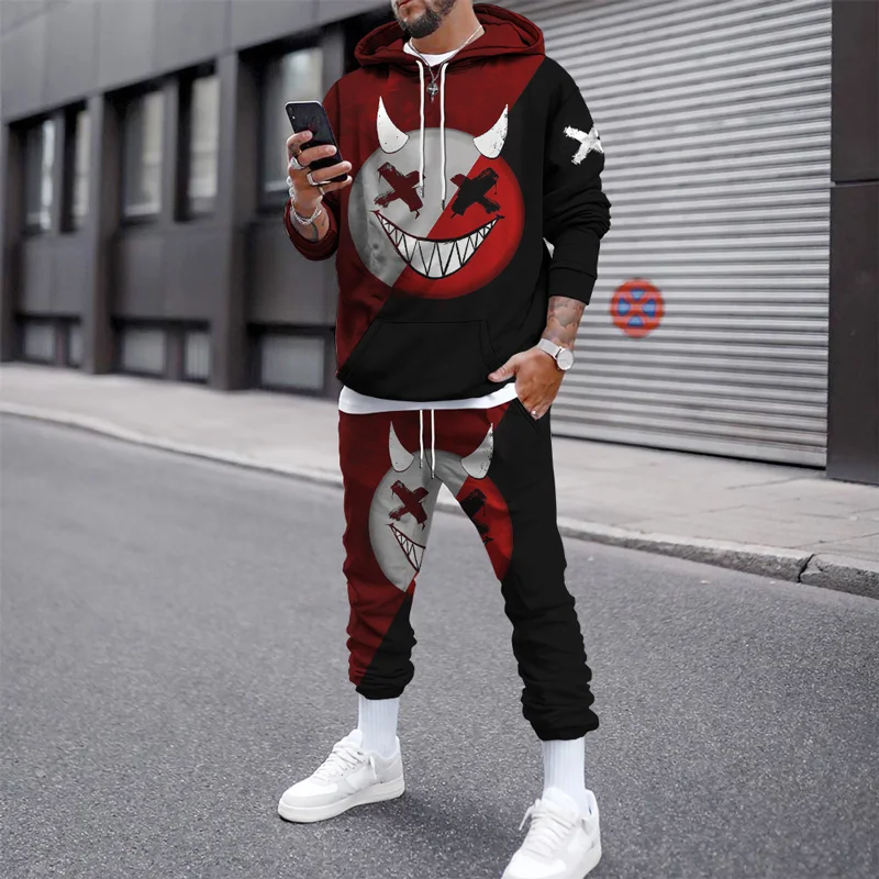 Hip Hop Style Hooded Suit Smiling Face 3D Print Hoodie Suit Autumn Fashion Men's Hoodie 2 Piece Set Street Tracksuit Hoodie Set