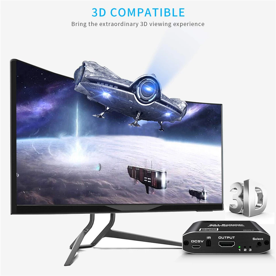 4K HDTV Splitter 3 In 1 Out 3-Port HD Switcher Selector HD Cable Supports Full H
