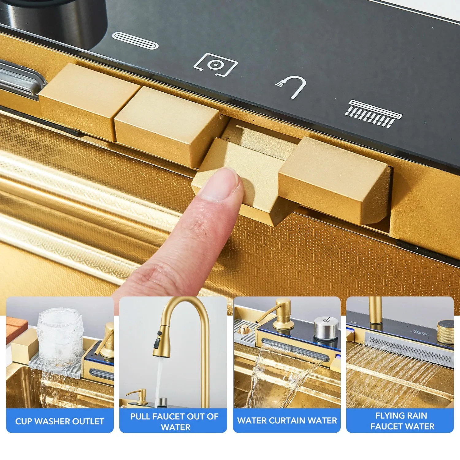 29.5" Gold Smart digital display waterfall sink, 304 Stainless Steel Modern kitchen sink with 5 Water Outlet Modes 3