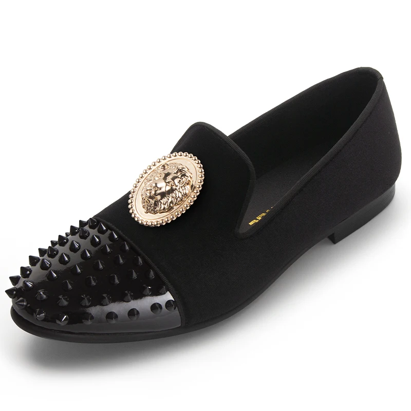 

Harpelunde Lion Emblem Dress Wedding Prom Shoes Spikes Cap Toe Tuxedo Velvet Loafers