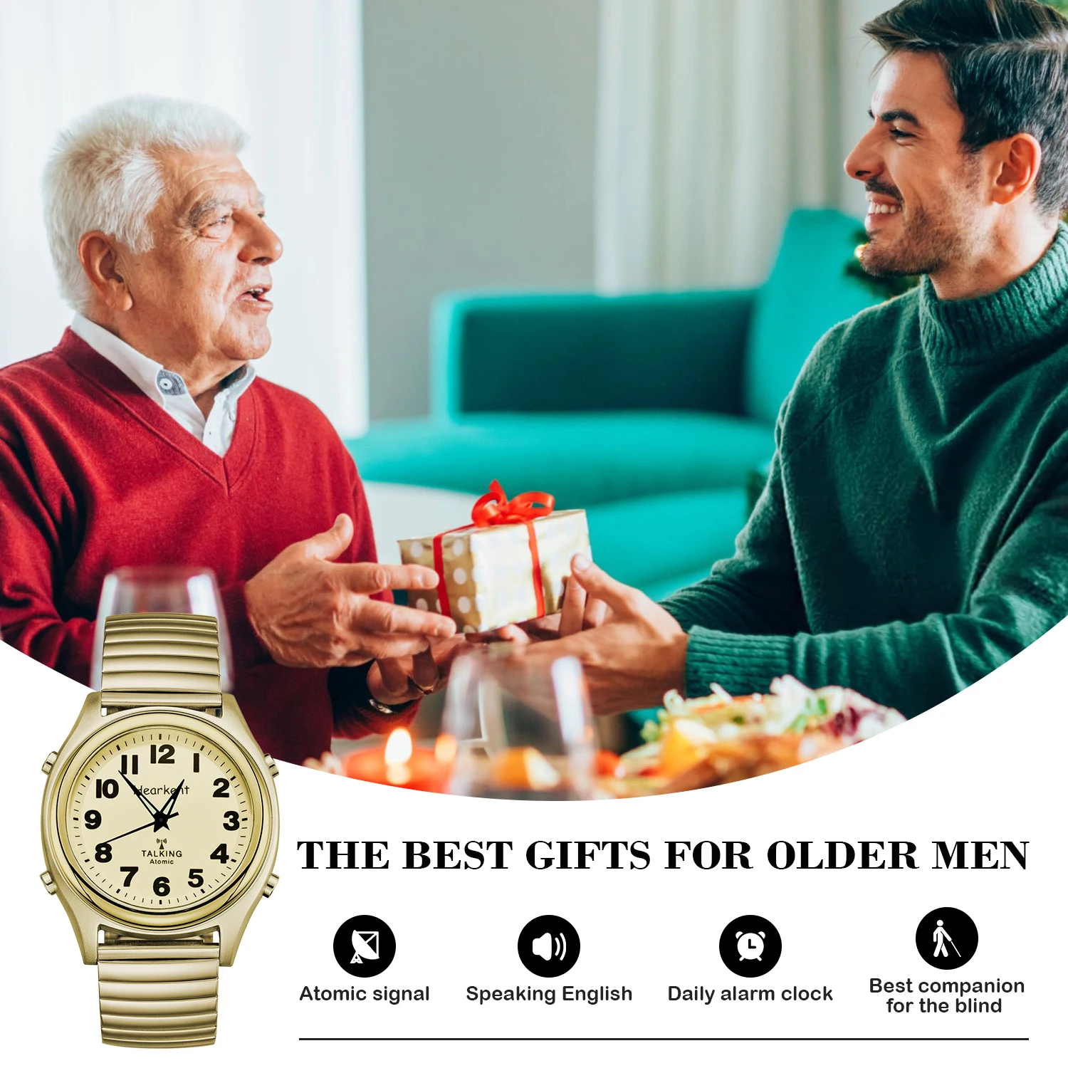 Hearkent English Talking Watch for Elderly Classic Elastic Strap Watch US Atomic Clock Digital Watch Couple Watch Parents Gift