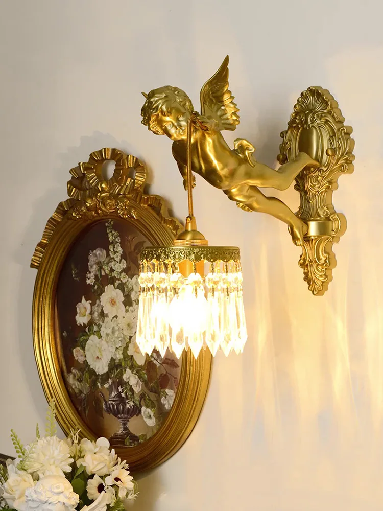 

Nordic All-copper Angel Wall Decor Lights Living Room Bedroom Bedside Study Aisle Wall Lamps Retro Light Luxury Crystal Lamp LED
