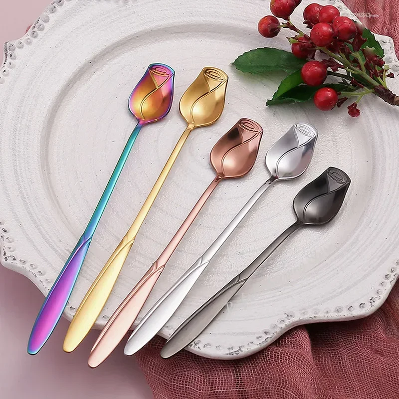 Stainless Steel Spoon Long Handle Teaspoon Rose Mixing For Dessert Honey Salad Tea Coffee