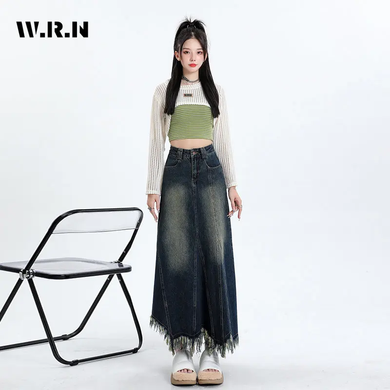 

2023 Summer Women Vintage Baggy Tassels Denim Skirt American Retro Grunge High Waist Y2K Street Style Basic A-Line Lady Skirt