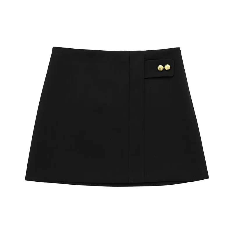

Women 2024 Spring Fashion Button Decoration High-Waisted Mini Skirt Vintage Side Zipper Black Female Skirts Mujer