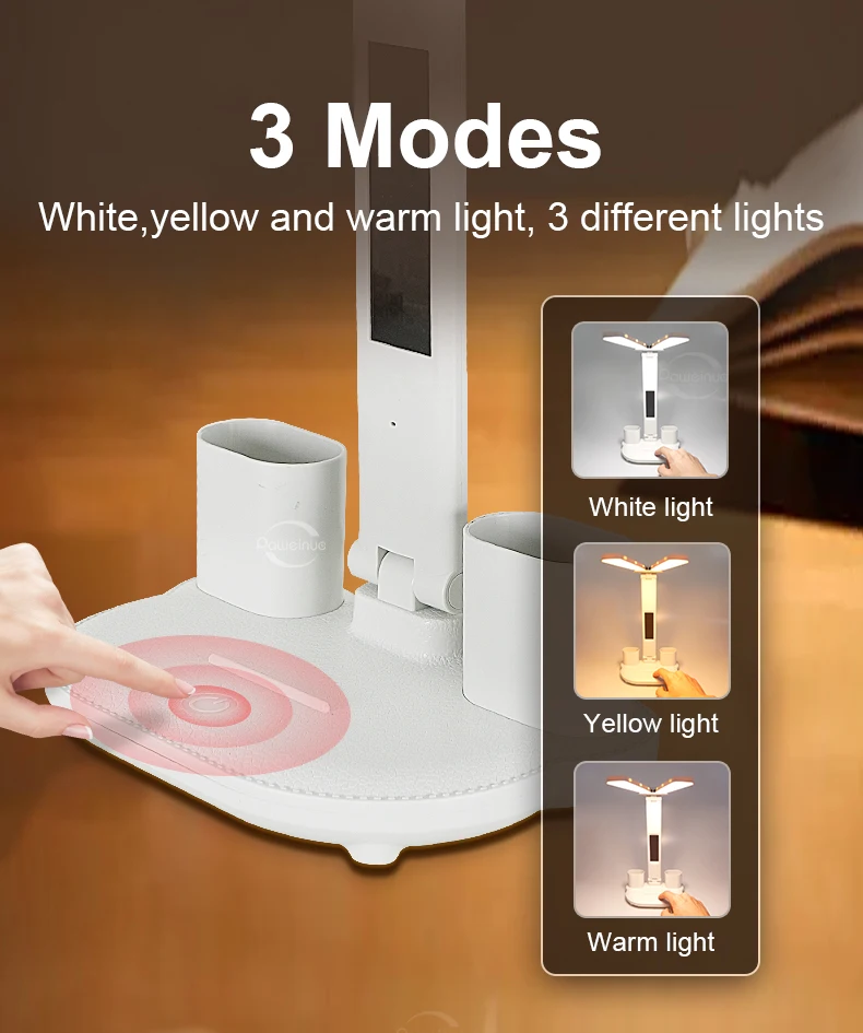 Description Picture 6 of itemNEW Rechargeable LED Clock Dimmable Desk Lamp 2 Heads 180° Rotation Foldable Study Desktop Reading Table Lamp Bedroom Room Lamps