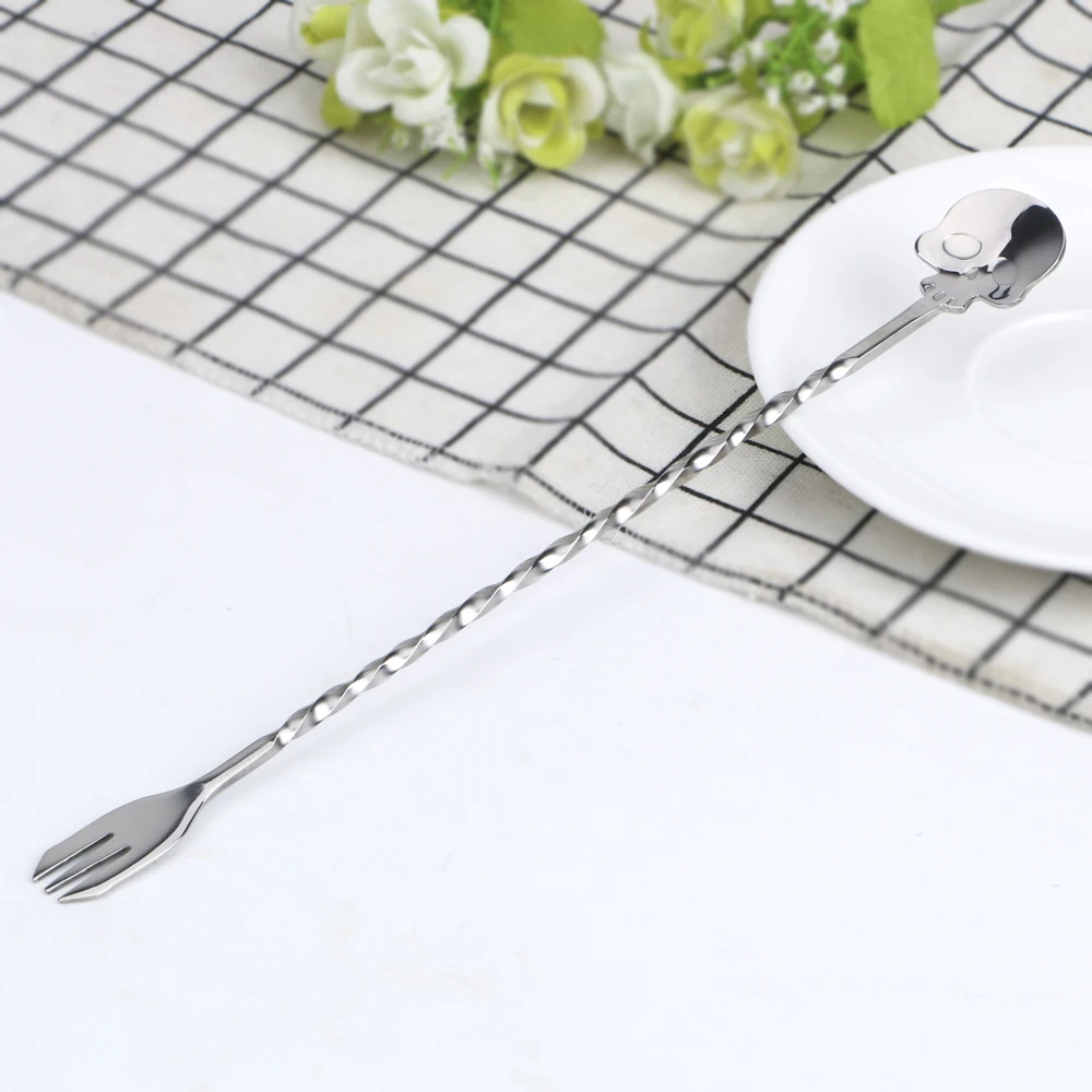 Stirrer Bar Spoon Stainless Steel Bartender Kitchen Tools Skull Bar Spoon Cocktail Pick Mixing Fork 25cm Swizzle Sticks cocktail spoon stainless steel stirrer