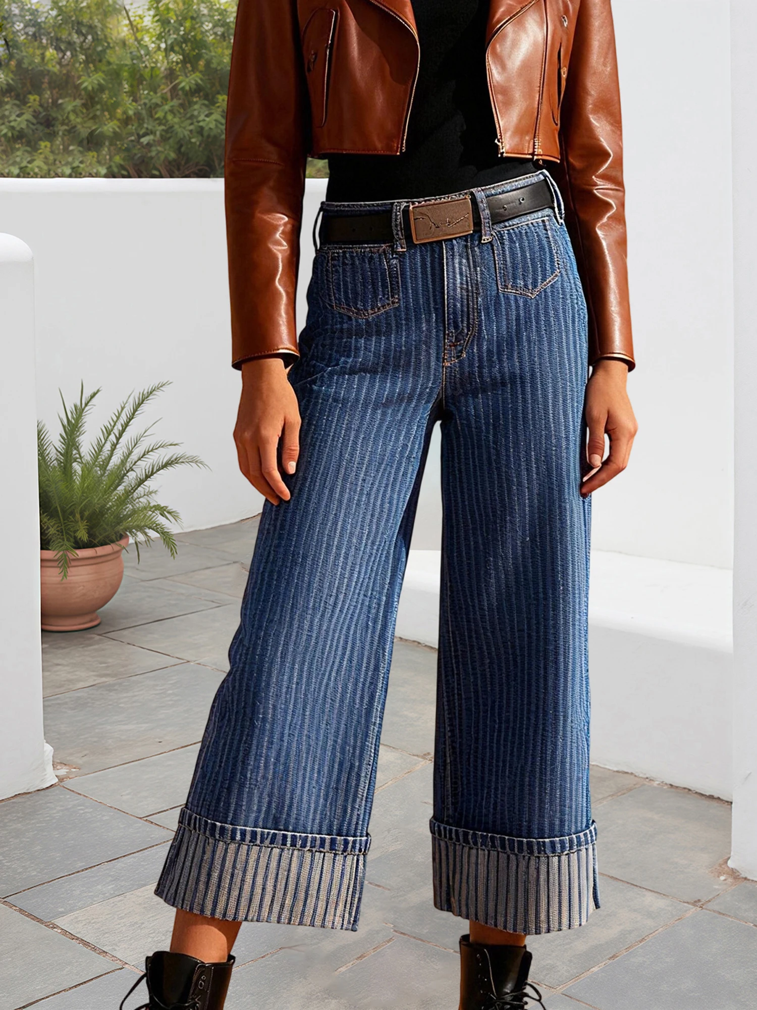 Women s High Waisted Wide Leg Denim Pants Stylish Striped Baggy Trousers with Pockets for Casual Street Style