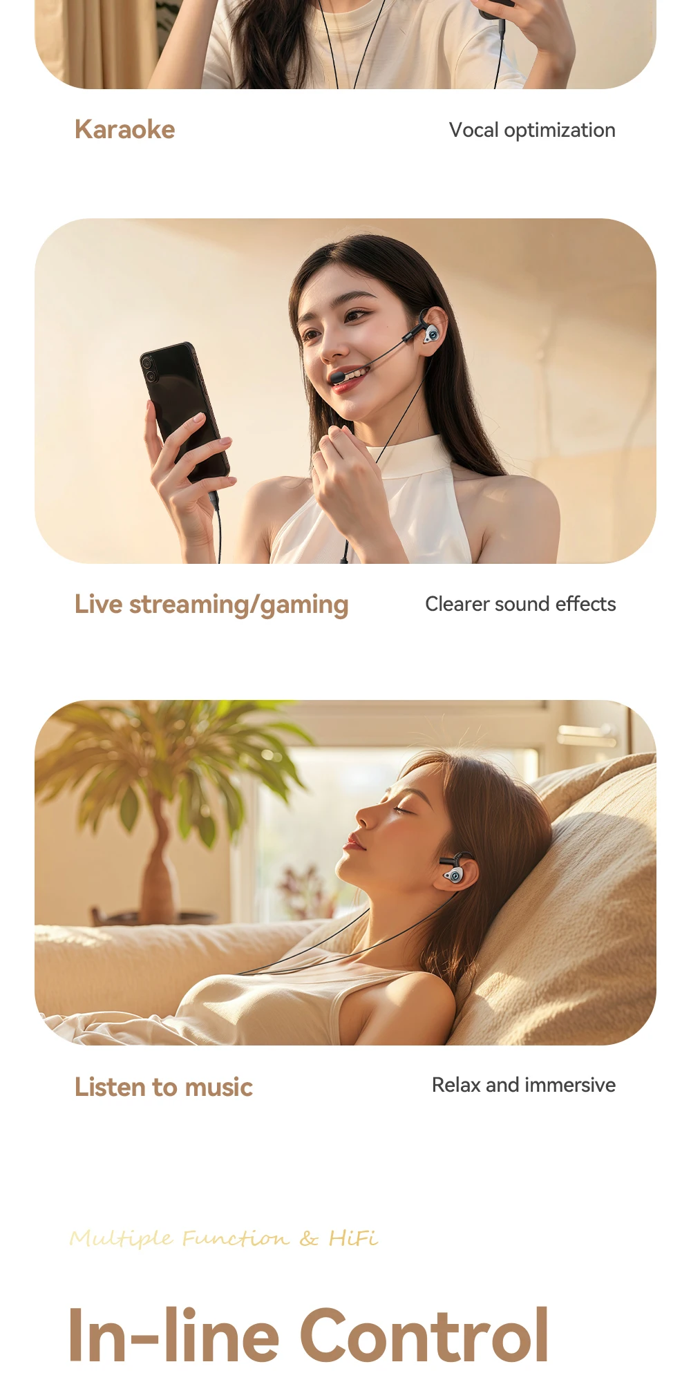 Type-C Karaoke Earphones With Built-in Sound Card HiFi Stereo Music Wired Earbud