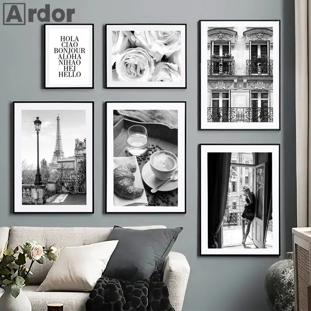 

Retro Tower Poster Blossom Rose Flowers Canvas Painting Model Girl Black White Nordic Print Wall Art Pictures Living Room Decor