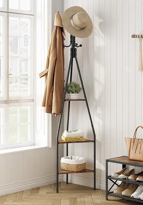 brown coat rack with shelves