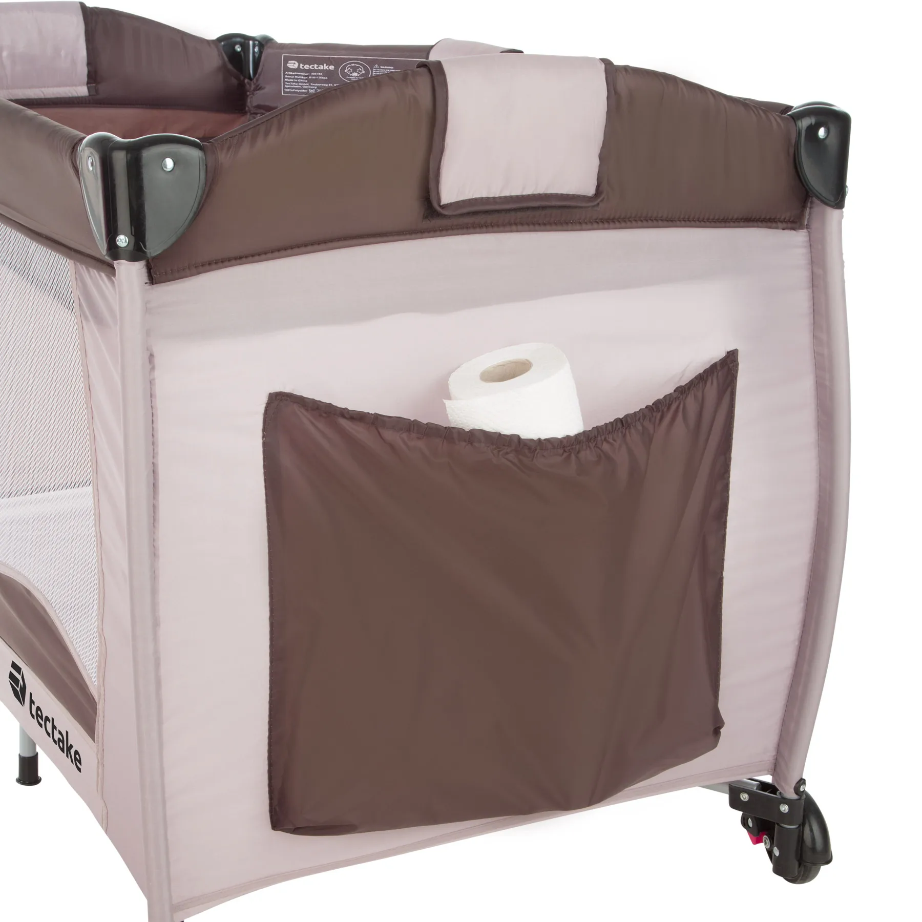 Teclake-Berço de viagem com troca marrom, berço dobrável para viagem, cama com grades laterais, desviador, cama de bebê com esteira e rodas, cama infantil pequena com arco