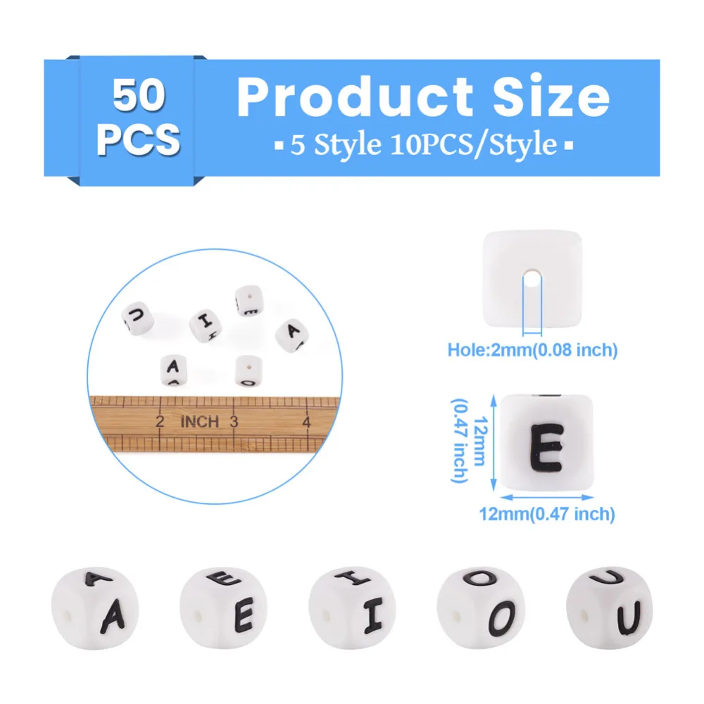 50Pcs Vowel Letter Silicone Beads 12mm Cube Alphabet A E I O U Silicone Letter Beads for Teethers DIY Necklace Keychain Jewelry