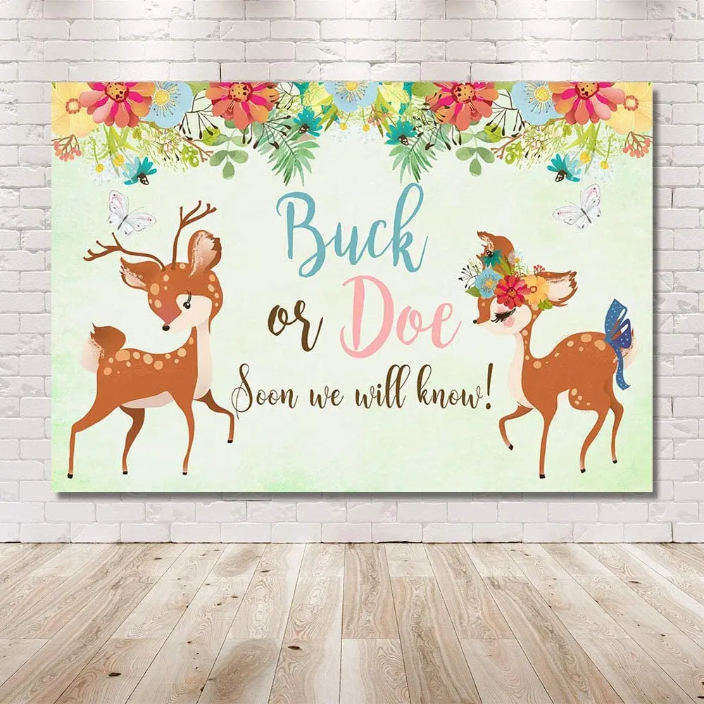 Buck O Doe Gender Reveal Baby Shower Photography Fondale Butterfly Floral Boy O Girl Deer Green Background Party Decoration