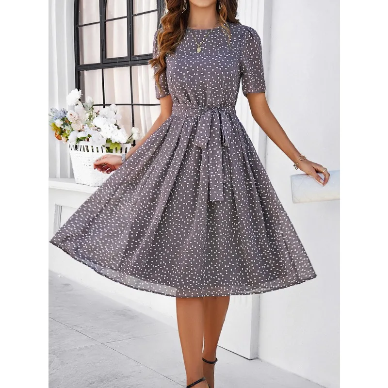 Women's Casual Polka Dot Printed A-line Dress Summer 2024 Temperament Commuting Female Fashion Chiffon Dresses Youthful Women