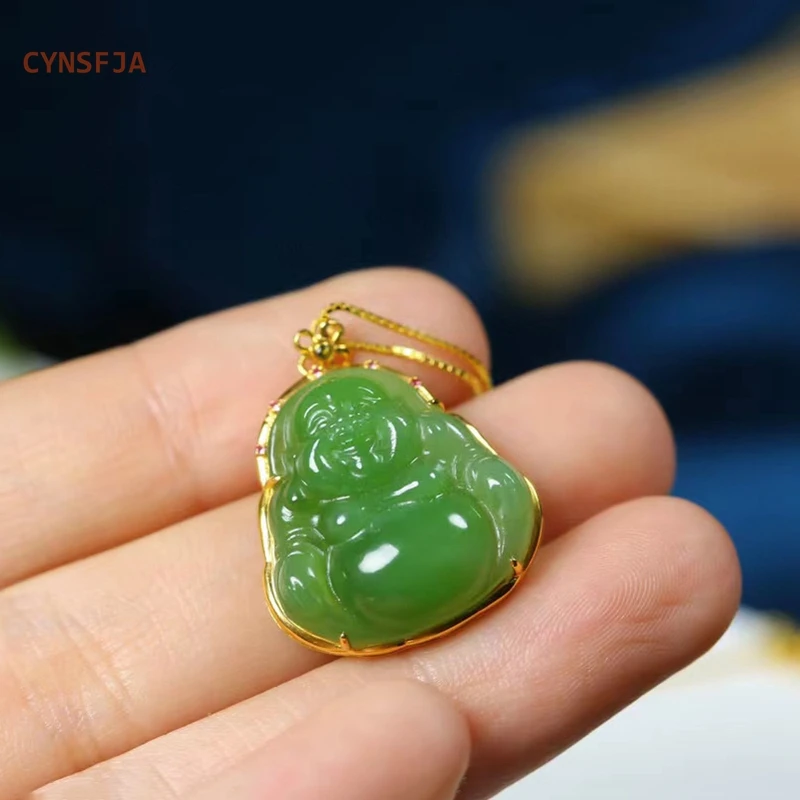 

CYNSFJA New Real Rare Certified Natural Hetian Jasper Nephrite Lucky Buddha Green Jade Pendant 18K Hand-carved Blessing Gifts